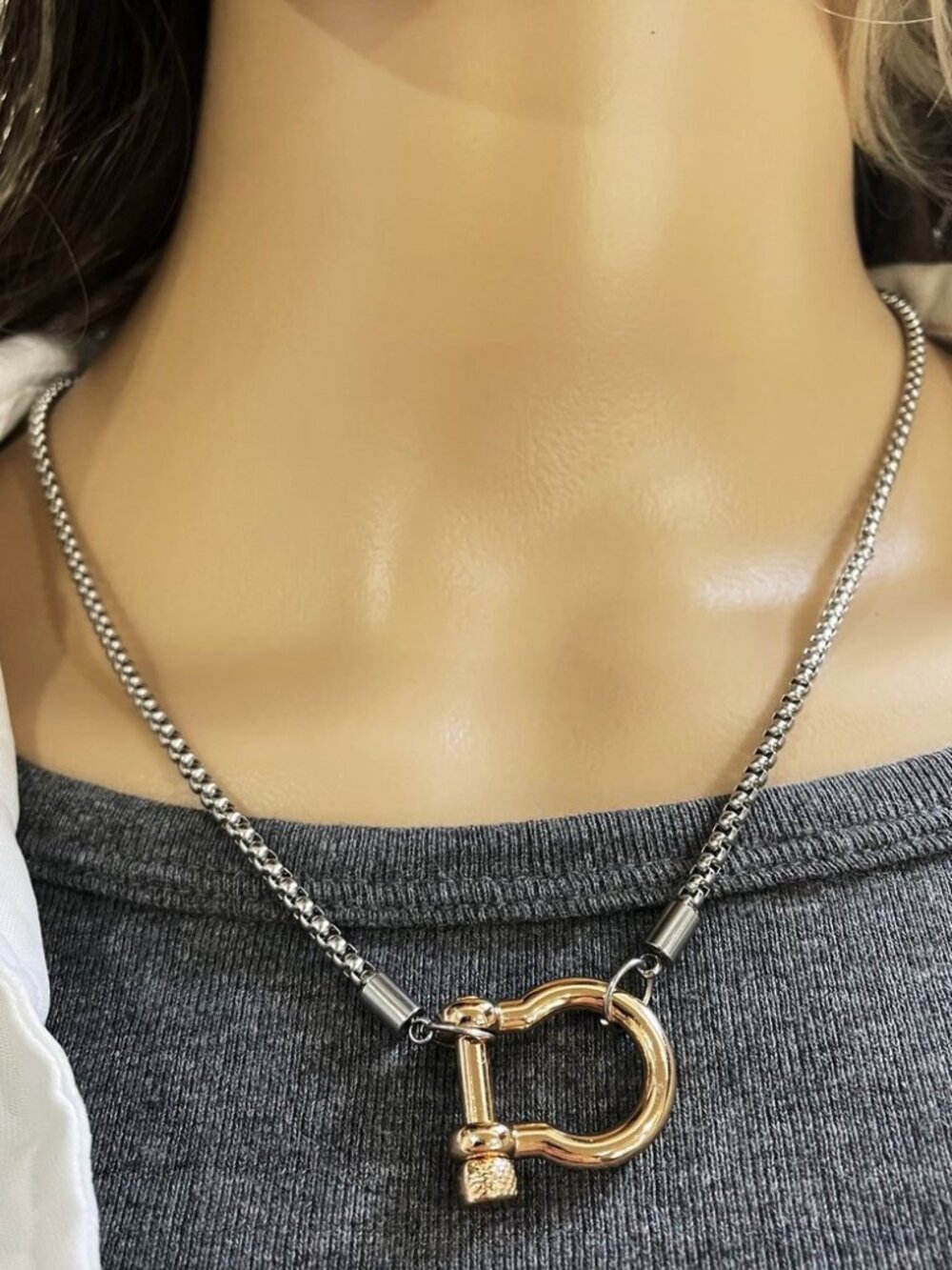 Stainless Steel U-Link Shackle Pendant Chain Necklace- Tarnish Resistant